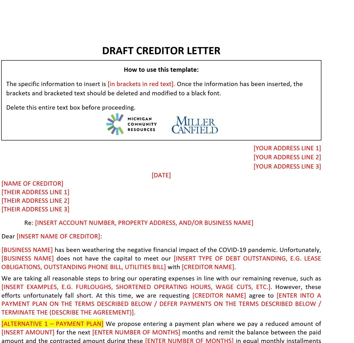 Preview Creditor Letter